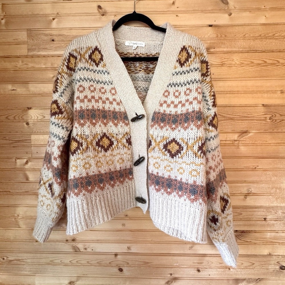 Cardigan Fair Isle Cream Maize XL Rewind Retro Grandpa Wood Toggle Academia